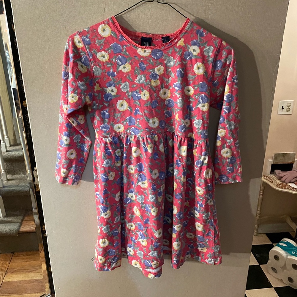 Vintage 90s GAP Girls red Floral Long-Sleeve Dress